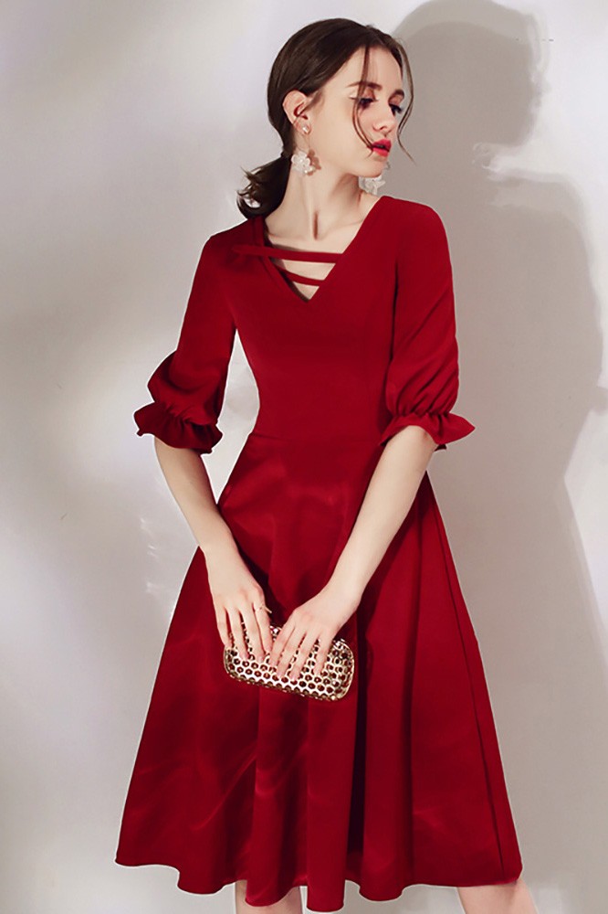 French Style Burgundy Knee Length Party Dress With Bubble Sleeves # ...