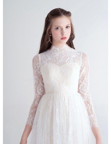 Modest A-Line High Neck Knee-Length Lace Tulle Wedding Dress