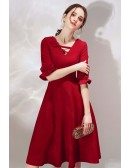 French Style Burgundy Knee Length Party Dress With Bubble Sleeves