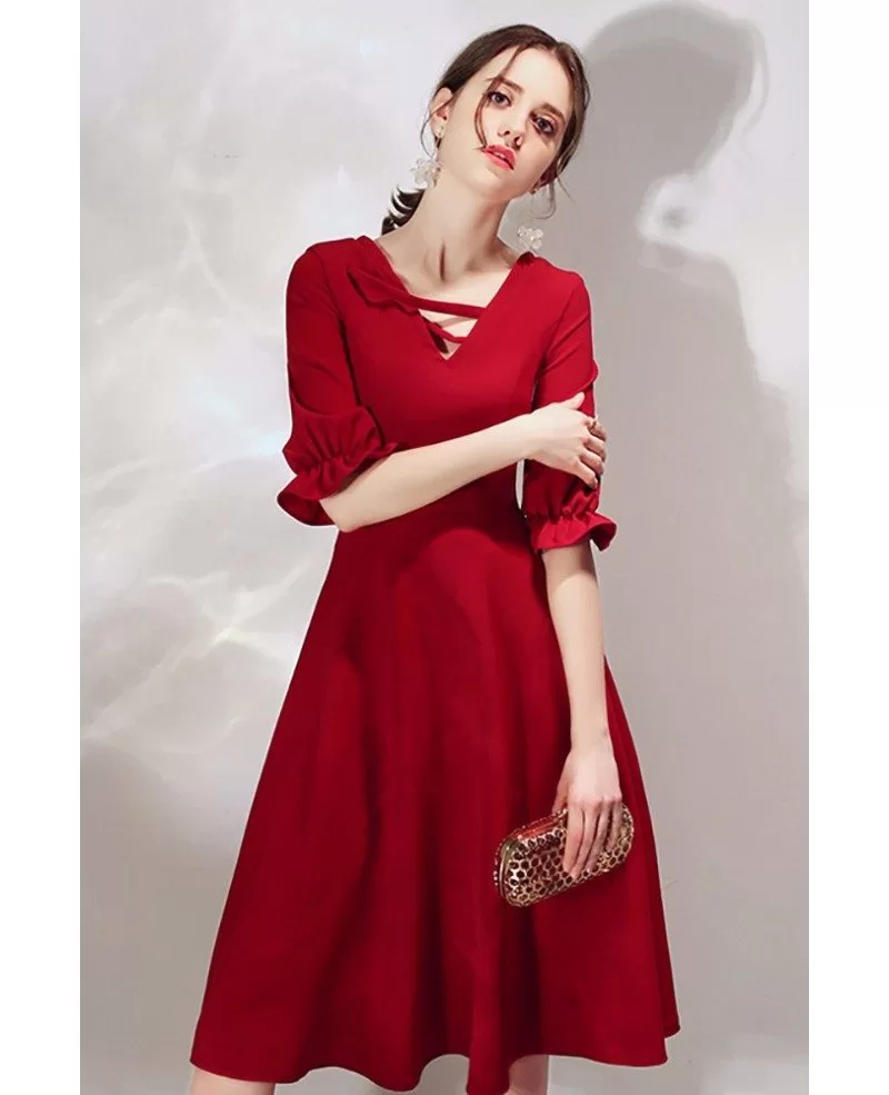 French Style Burgundy Knee Length Party Dress With Bubble Sleeves # ...