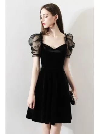 Unique Black Bubble Sleeve Little Black Party Dress