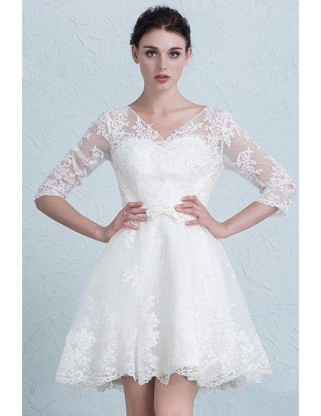 Modest A Line Short Wedding Dresses With Sleeves V-neck Tulle Style ...