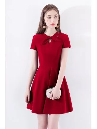 Retro Chic Short Sleeve Little Red Dress With Bow Knot