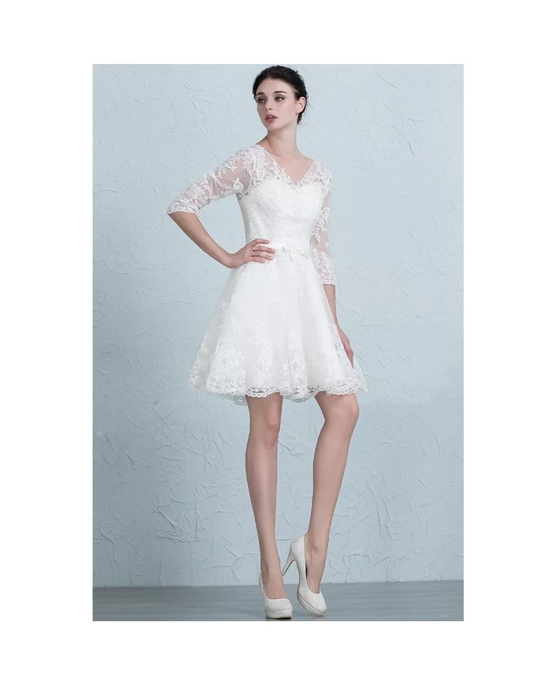 Modest A Line Short Wedding Dresses With Sleeves V-neck Tulle Style