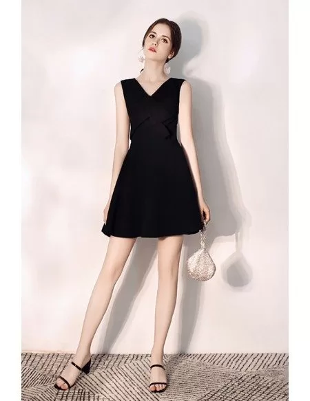 Simple Little Black Flare Party Dress Short With Vneck