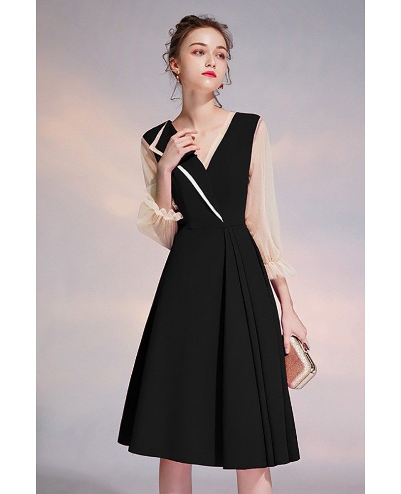 Elegant Black Vneck Knee Length Party Dress With Sheer Sleeves Htx Gemgrace Com