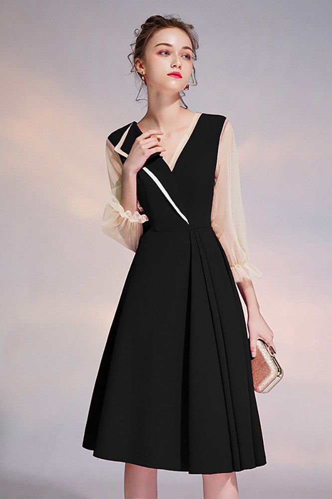 Elegant Black Vneck Knee Length Party Dress With Sheer Sleeves # ...