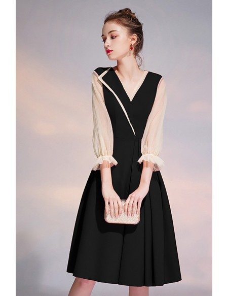 Elegant Black Vneck Knee Length Party Dress With Sheer Sleeves