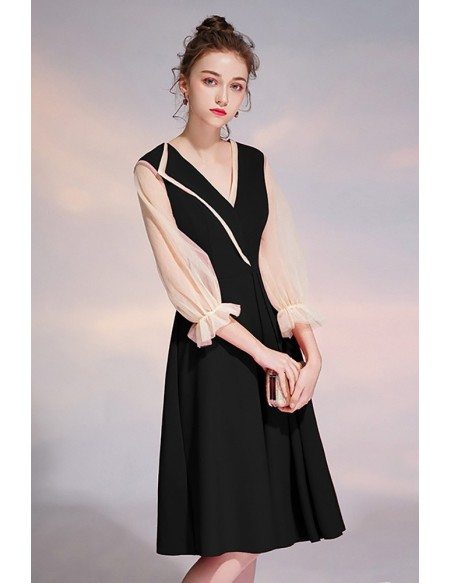 Elegant Black Vneck Knee Length Party Dress With Sheer Sleeves # ...