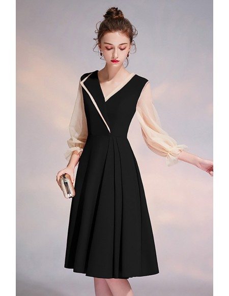 Elegant Black Vneck Knee Length Party Dress With Sheer Sleeves