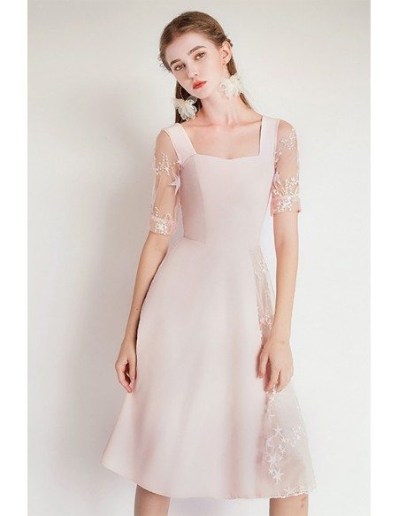 Asymmetrical Design Pink Lace Party Dress With Short Sleeves