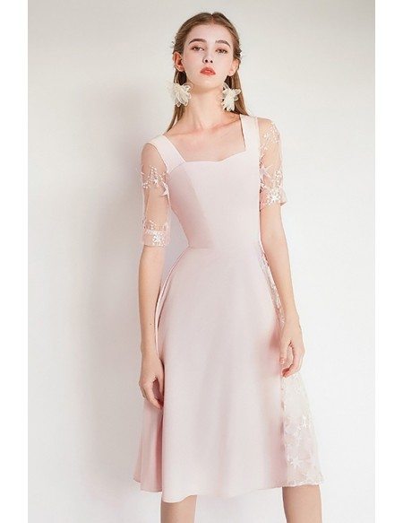 Asymmetrical Design Pink Lace Party Dress With Short Sleeves