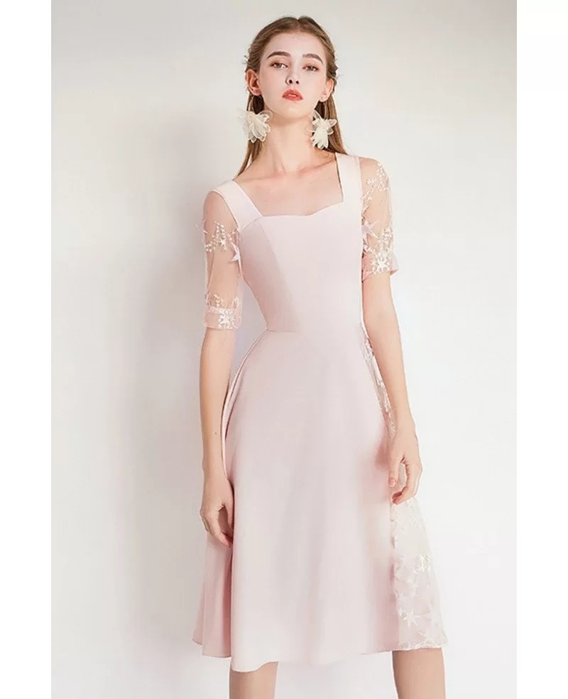 Asymmetrical Design Pink Lace Party Dress With Short Sleeves #HTX97052 ...