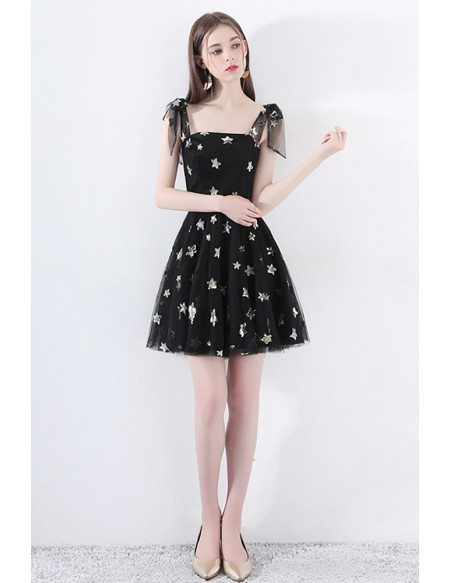 Super Cute Star Black Tulle Short Party Dress With Bow Straps