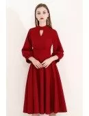 Burgundy Modest Knee Length Party Dress With Bubble Sleeves
