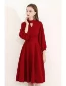 Burgundy Modest Knee Length Party Dress With Bubble Sleeves