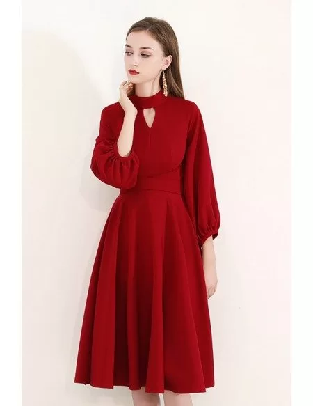Burgundy Modest Knee Length Party Dress With Bubble Sleeves #HTX97032 ...
