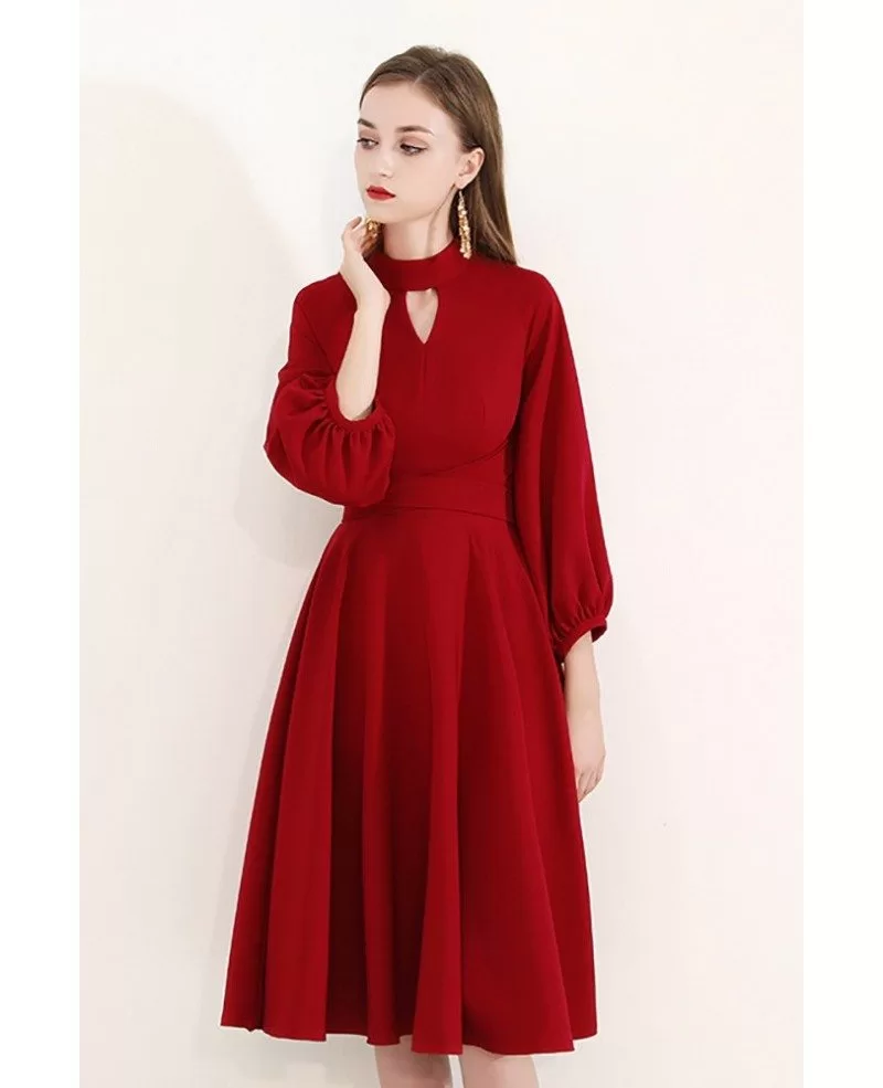 Burgundy Modest Knee Length Party Dress With Bubble Sleeves #HTX97032 ...