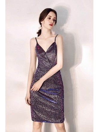 Sparkly Purple Bodycon Short Party Dress With Spaghetti Straps