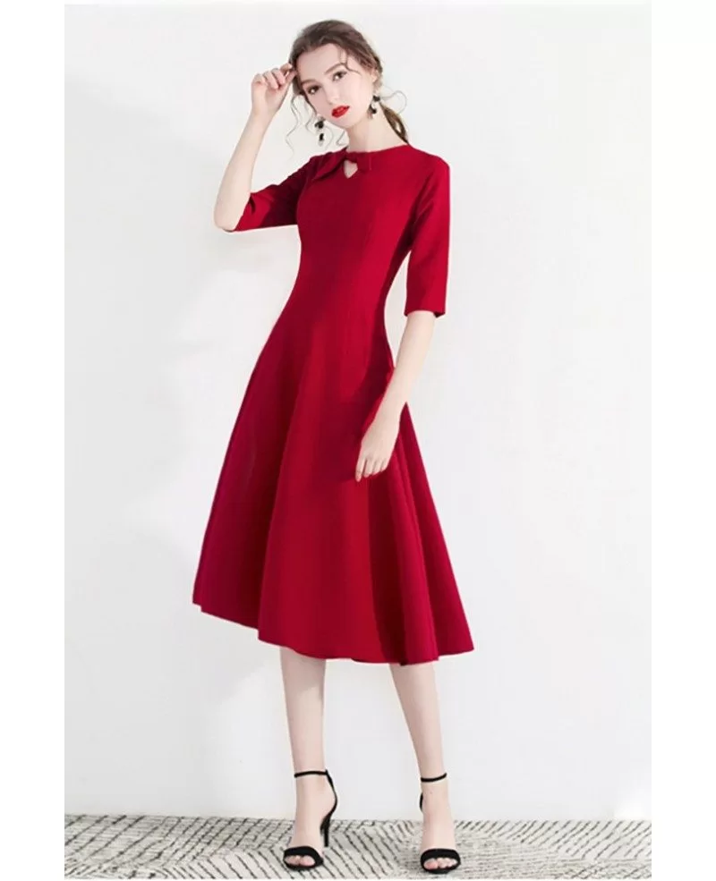 Modest Aline Red Semi Party Dress With Retro Bow #HTX97023 - GemGrace.com