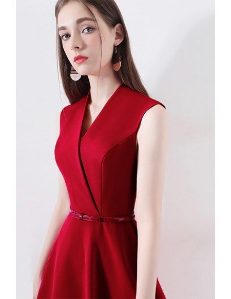 Formal Short Red Wrap Vneck Party Dress Sleeveless