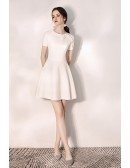 Cute Bow Knot Round Neck Little White Hoco Dress With Sleeves