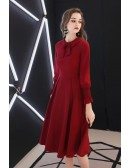Retro Knee Length Burgundy Party Dress With Long Sleeves Bow Knot