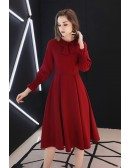Retro Knee Length Burgundy Party Dress With Long Sleeves Bow Knot