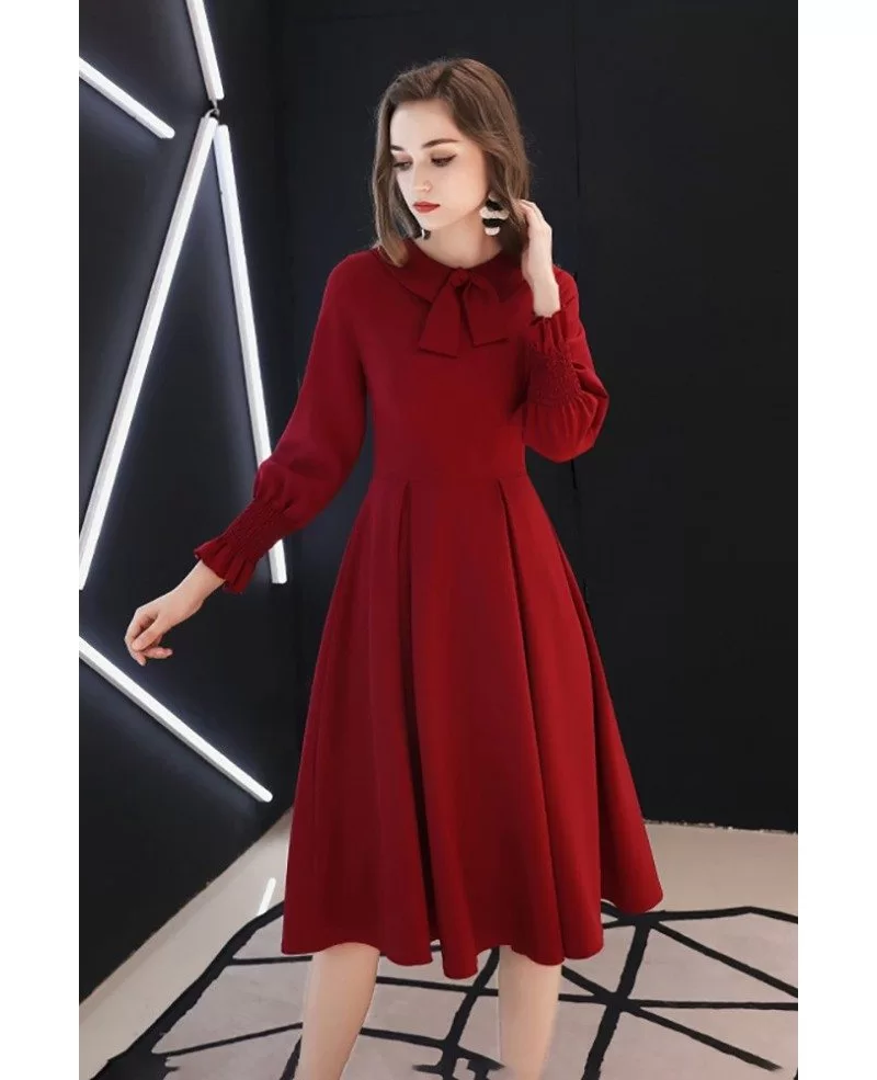 Retro Knee Length Burgundy Party Dress With Long Sleeves Bow Knot # ...