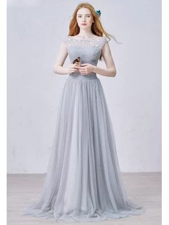 Modest A-Line Scoop Neck Sweep Train Tulle Bridesmaid Dress With Ruffles