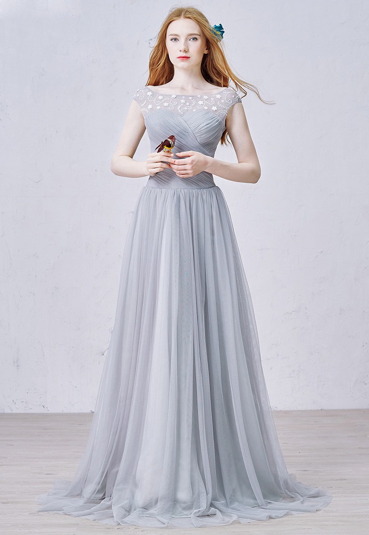 Modest A Line Scoop Neck Sweep Train Tulle Bridesmaid Dress With Ruffles Ty047 179