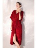 Sexy Slit Red Party Dress Vneck With Sash Sleeves