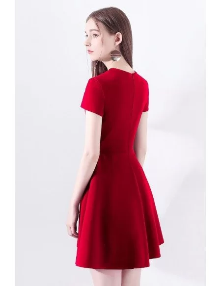 Red Aline Short Party Dress With Short Sleeves Bow Knot