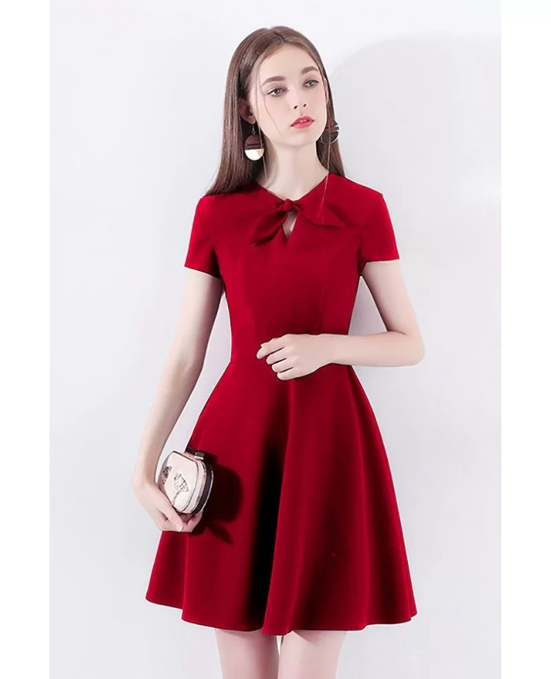 Red Aline Short Party Dress With Short Sleeves Bow Knot #HTX97038 ...