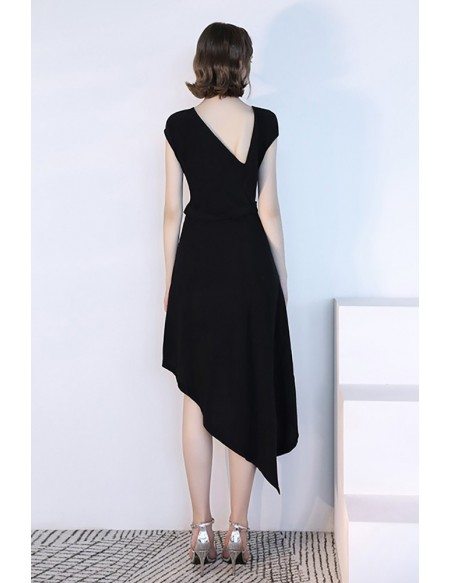 Black Asymmetrical Short Black Party Dress With Cap Sleeves