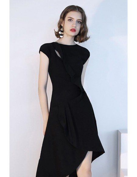 Black Asymmetrical Short Black Party Dress With Cap Sleeves