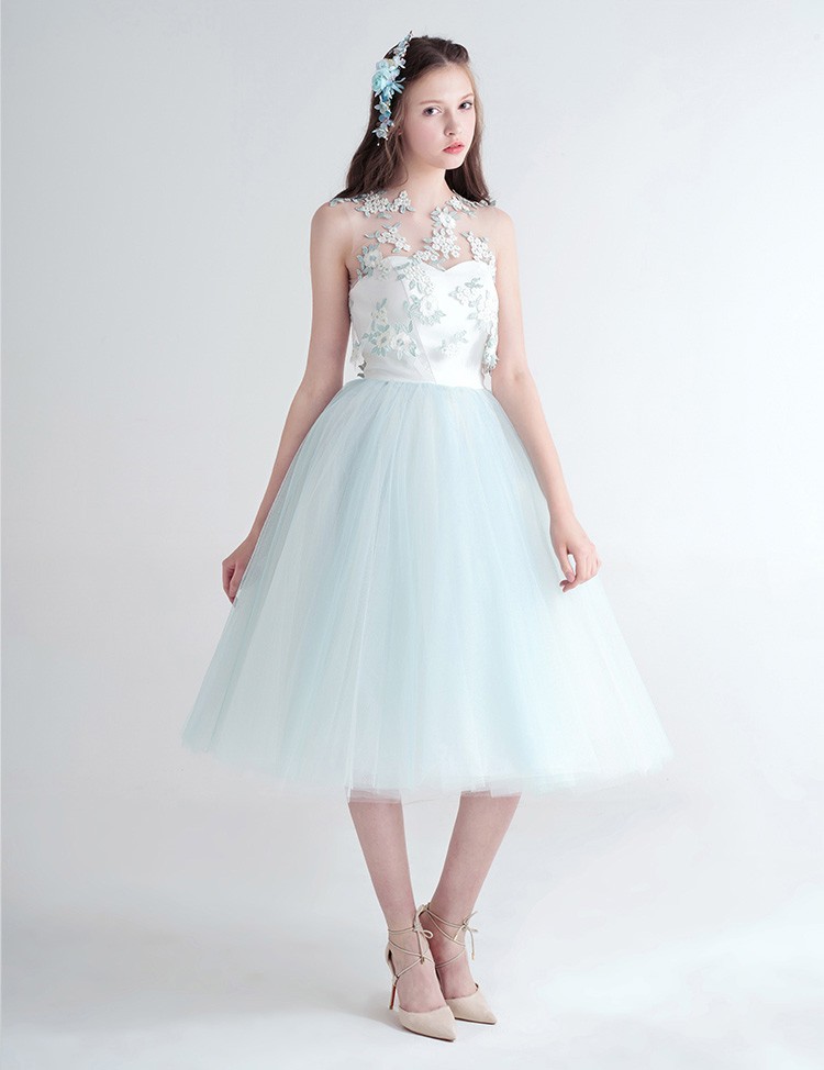 Cute Ball-Gown Strapless Tea-Length Tulle Dress With Flower Wrap #TY049 ...