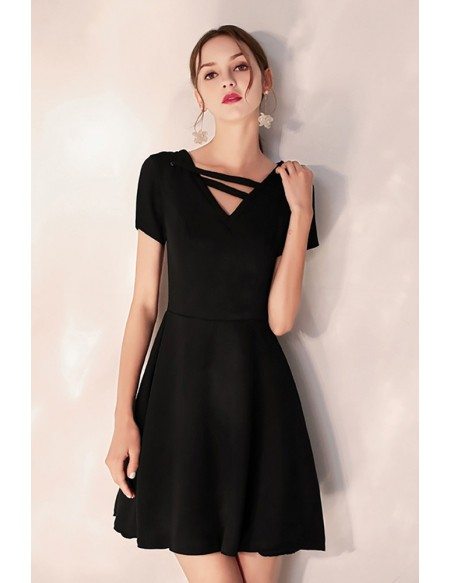 Little Black Flare Aline Party Dress With Short Sleeves