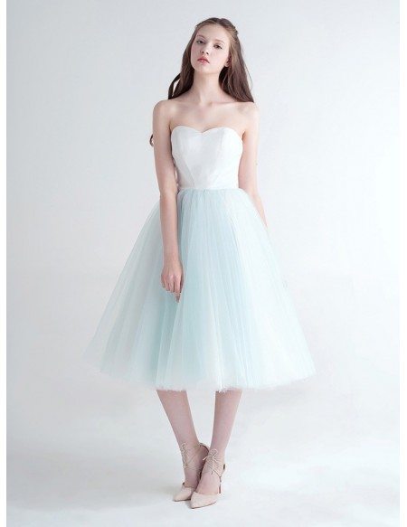 Cute Ball-Gown Strapless Tea-Length Tulle Dress With Flower Wrap