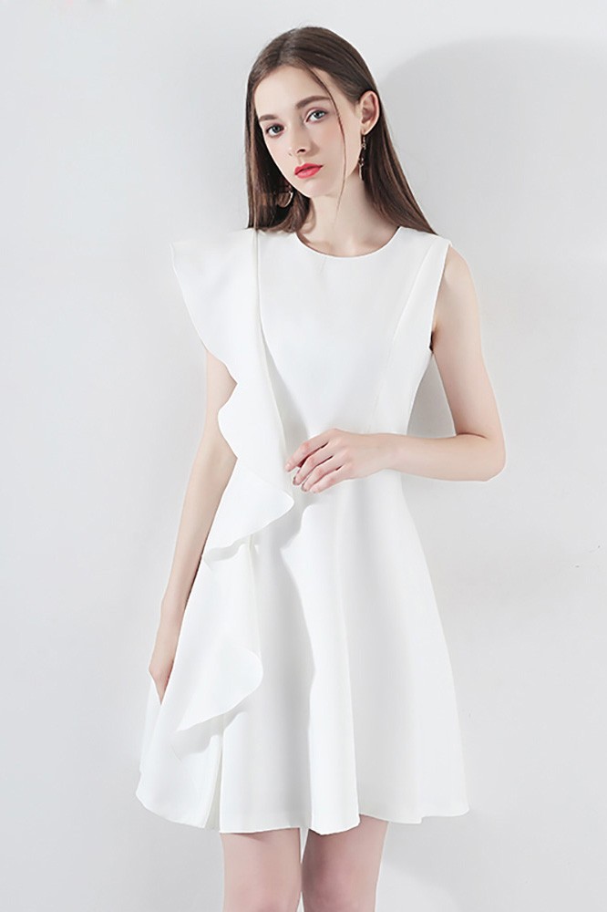 Little White Asymmetrical Sleeve Hoco Dress With Ruffles #HTX97011 ...