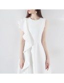 Little White Asymmetrical Sleeve Hoco Dress With Ruffles
