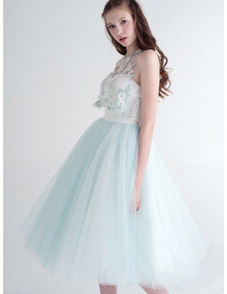 Cute Ball-Gown Strapless Tea-Length Tulle Dress With Flower Wrap