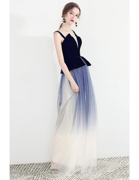 Unique Ombre Blue Long Tulle Party Dress With Straps #HTX97028 ...