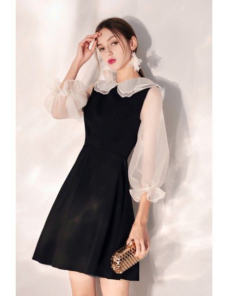 Cute Little Black Short Dress With Baby Collar Bubble Sleeves