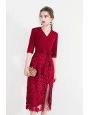 Formal Short Red Lace Slit Party Dress With Suit Collar