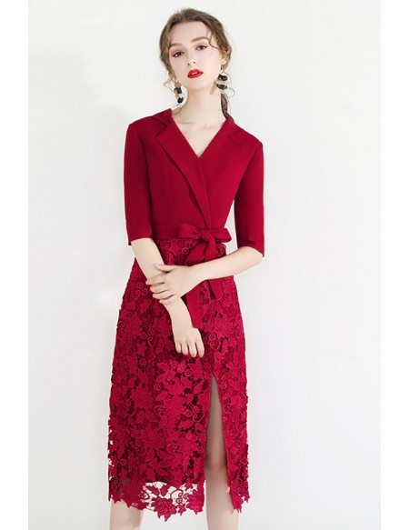 Formal Short Red Lace Slit Party Dress With Suit Collar