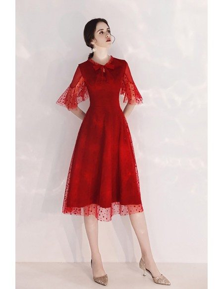 Romantic Polka Dot Lace Burgundy Tulle Party Dress With Sleeves Bow Neckline
