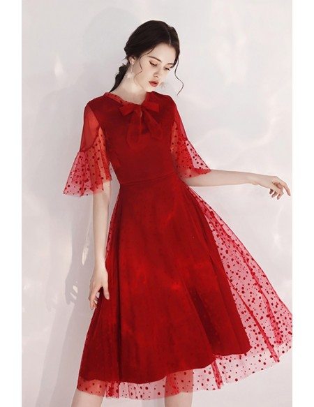 Romantic Polka Dot Lace Burgundy Tulle Party Dress With Sleeves Bow Neckline