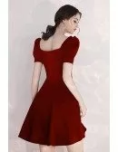 Burgundy Short Aline Party Dress With Bubble Short Sleeves