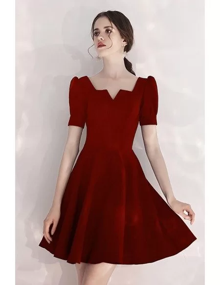 Burgundy Short Aline Party Dress With Bubble Short Sleeves